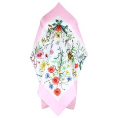 Gucci 1970s Iconic Flora Print Silk Scarf With Baby Pink Border