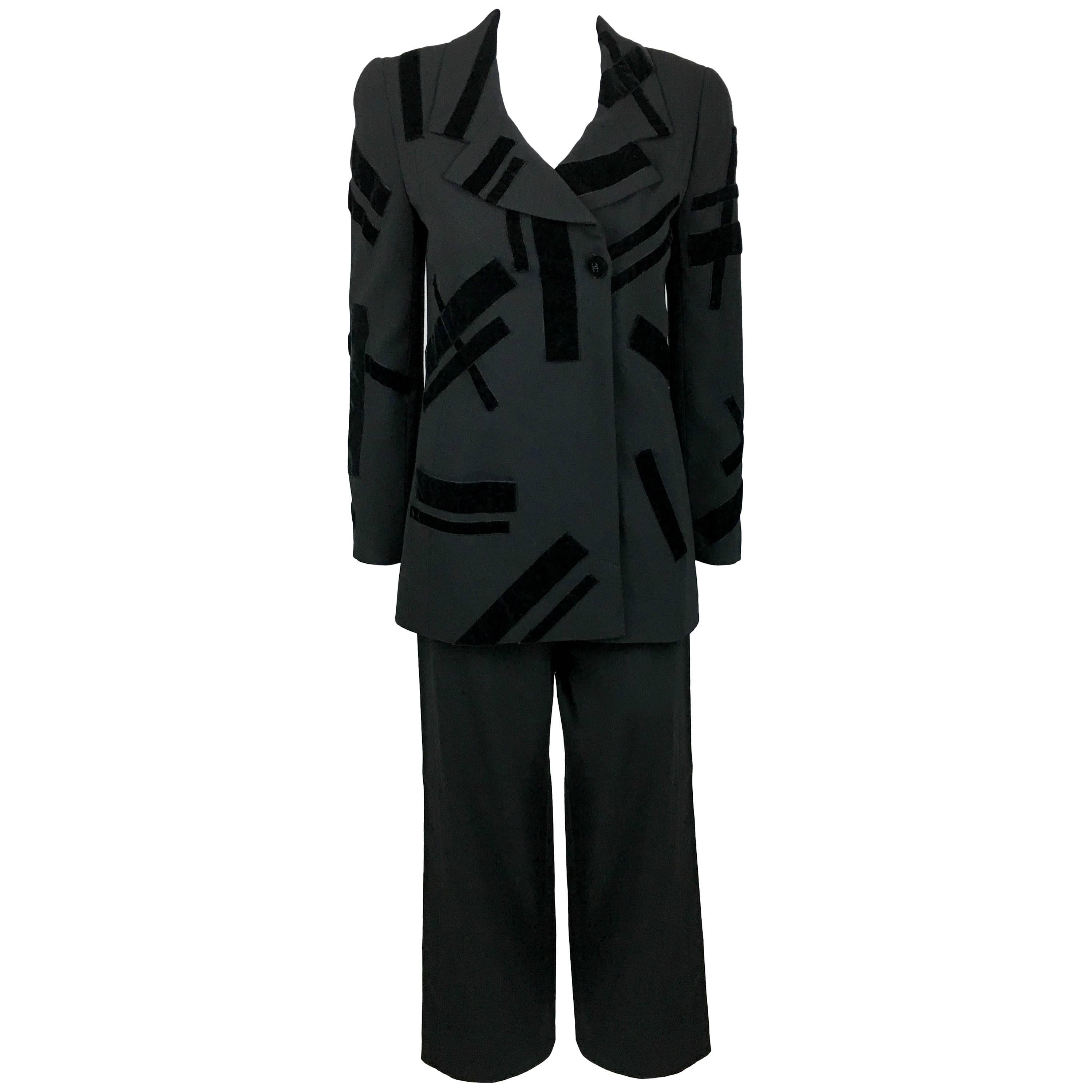 1998 Chanel Black Wool Trouser Suit With Velvet Details