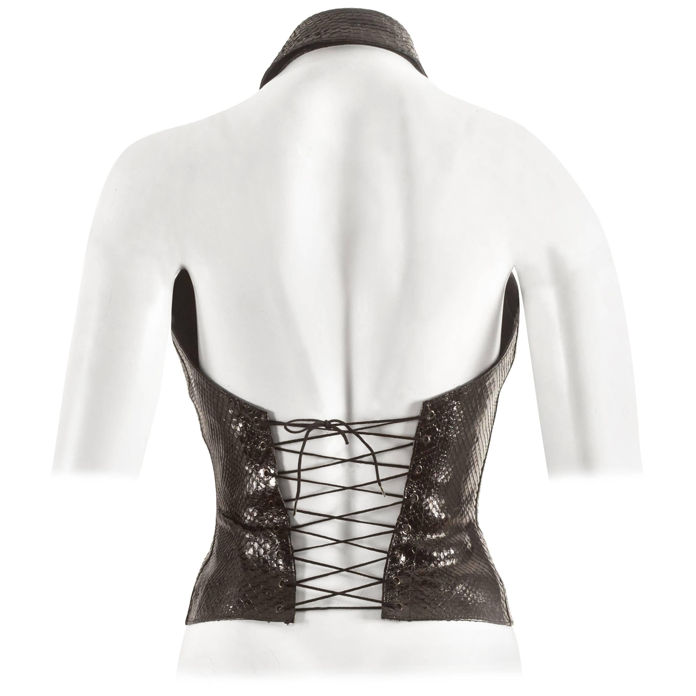 Alaia black python waistcoat with lace up back fastening, Autumn-Winter 1990  For Sale
