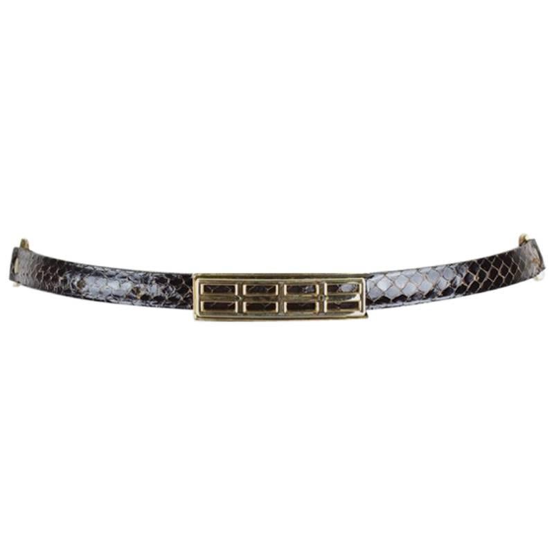 1980s Dark Brown Thin Snakeskin Belt With Gold Tone Chain Detail & Buckle