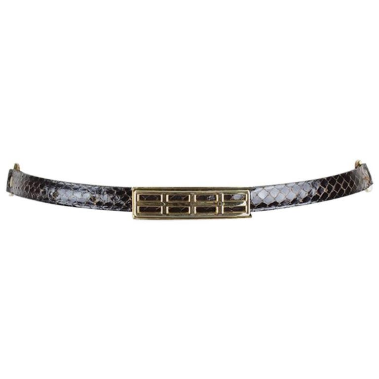 1980s Dark Brown Thin Snakeskin Belt With Gold Tone Chain Detail and