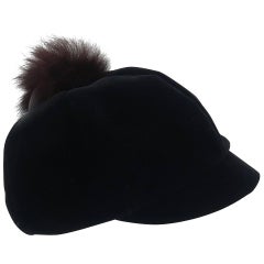 Vintage Mod C.1960 Black Velvet Cap Hat With Fur Pom Pom