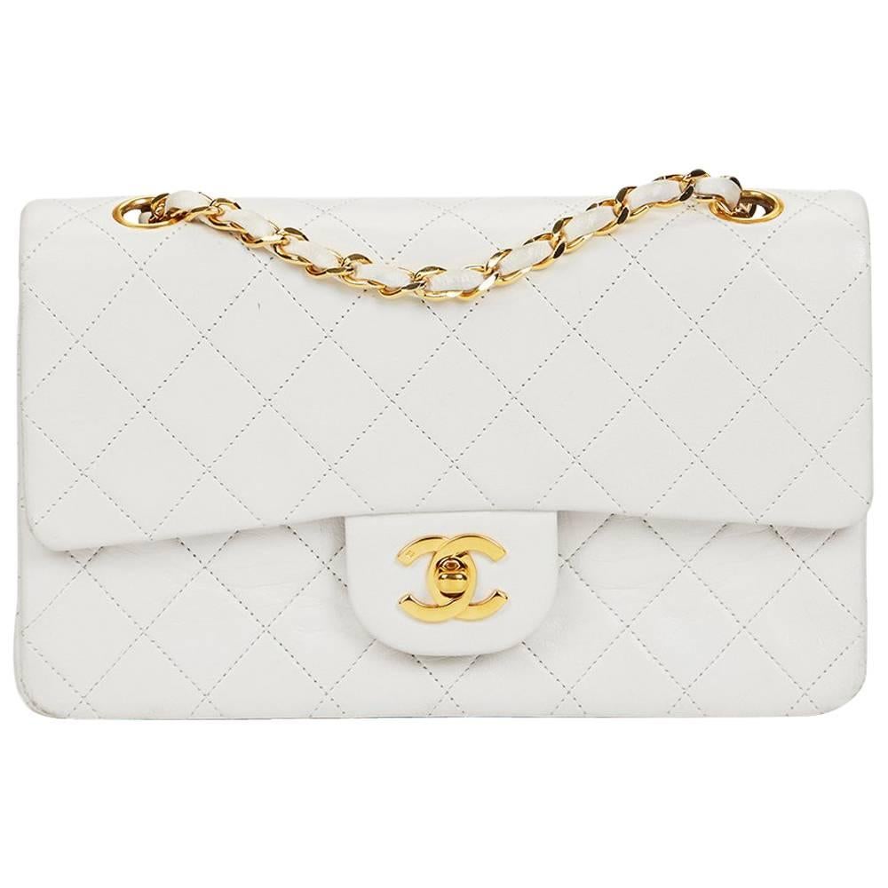 1990s Chanel White Quilted Lambskin Vintage Small Classic Double Flap Bag
