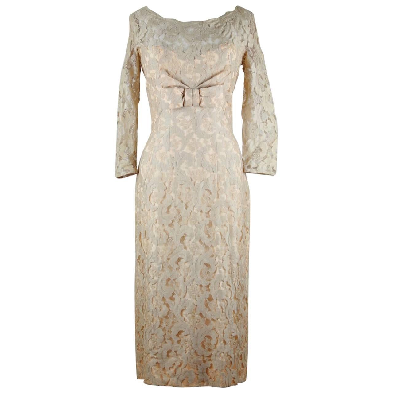 Norman Nude Champagne Floral Lace Sheath Illusion Dress With Bow Detailing 1950s