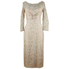 Vintage Norman Nude Champagne Floral Lace Sheath Illusion Dress With Bow Detailing 1950s