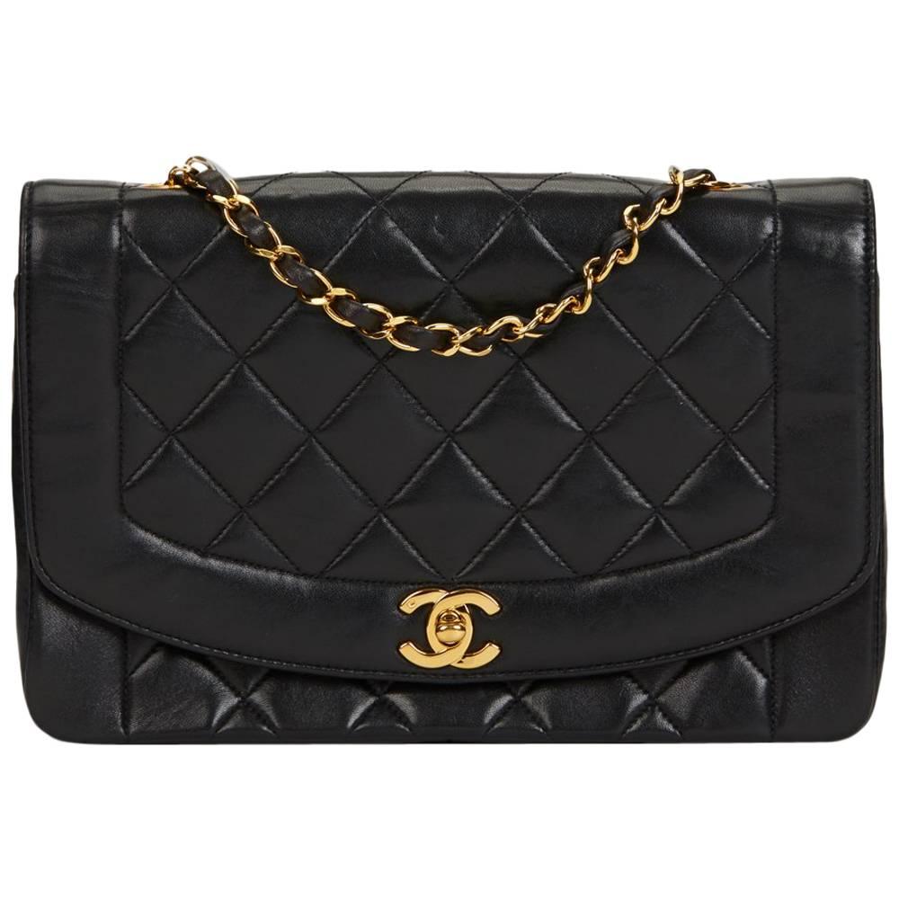 1990s Chanel Black Quilted Lambskin Medium Diana Classic Single Flap Bag