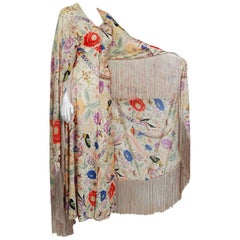 Vintage 1971 Missoni Couture Colorful Floral Bird Print Silk-Jersey Fringe Caftan Gown