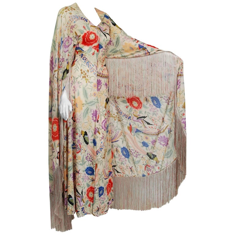1971 Missoni Couture Colorful Floral Bird Print Silk-Jersey Fringe Caftan  Gown at 1stDibs | missoni caftan