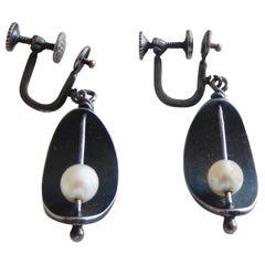 Retro Ed Wiener Mid-century Modern Pearl and Sterling Silver Earrings