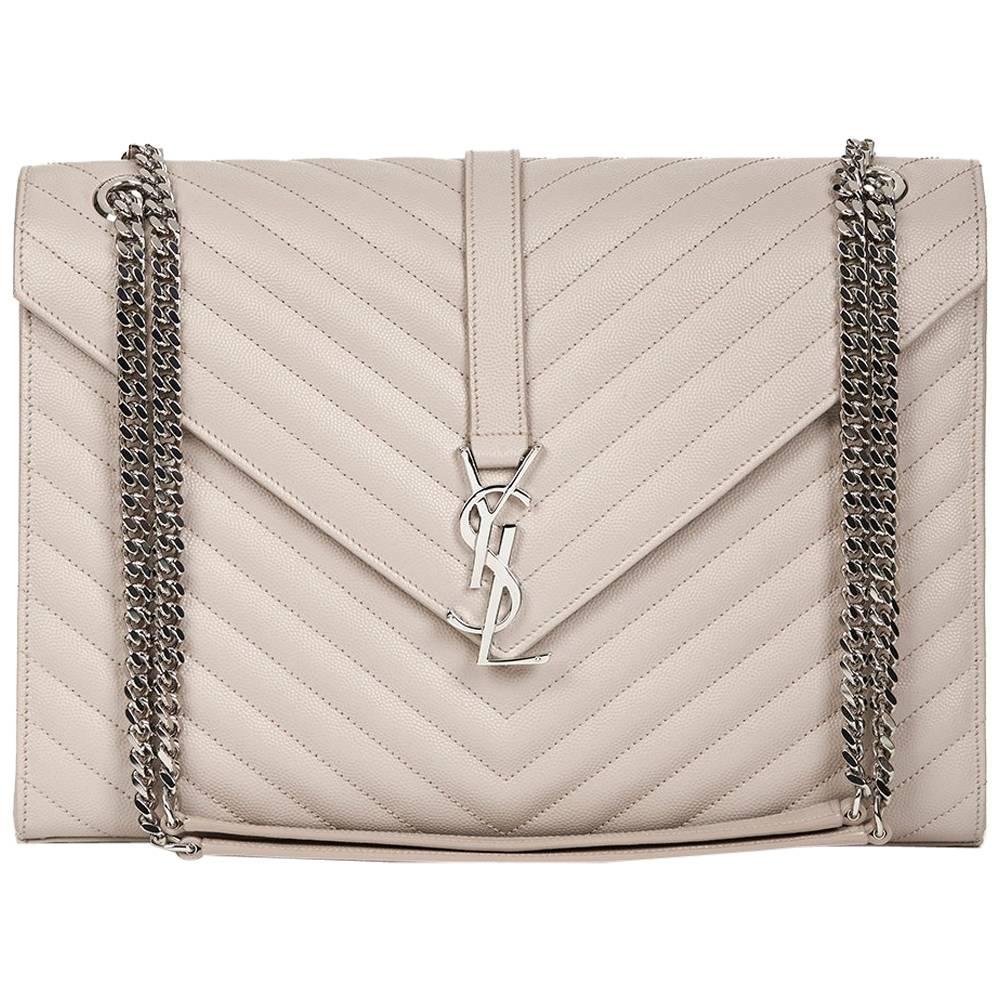 2016 Saint Laurent Icy White Chevron Quilted Grained Calfskin Leather Envelope 