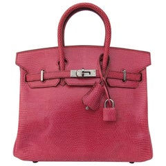 HERMES Birkin bag Fuchsia Pink Lizard Silver HDW 25 cm Rare and Coveted