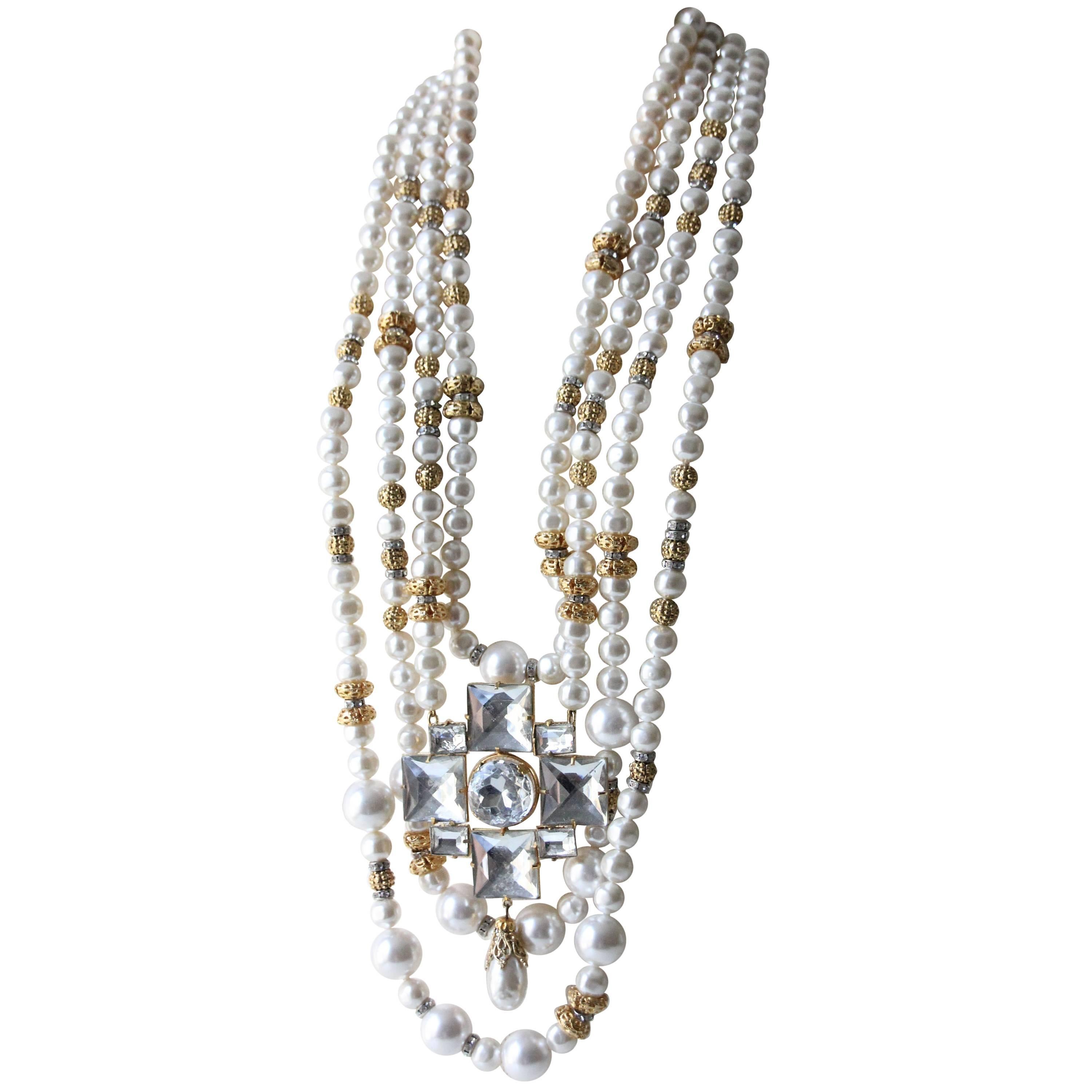 1980s Runway 4-Strand Pearl Rope Necklace w Large Faceted Glass Cross
