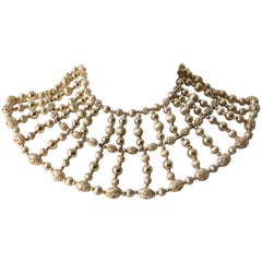 Vintage 1960s Napier Egyptian-Inspired Gold-Tone and Faux Pearl Wide Beaded Collar