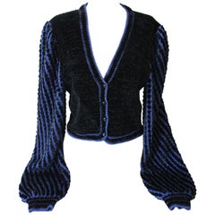 1980s Givenchy Cobalt and Black Rayon Chenille Cropped Cardigan Sweater