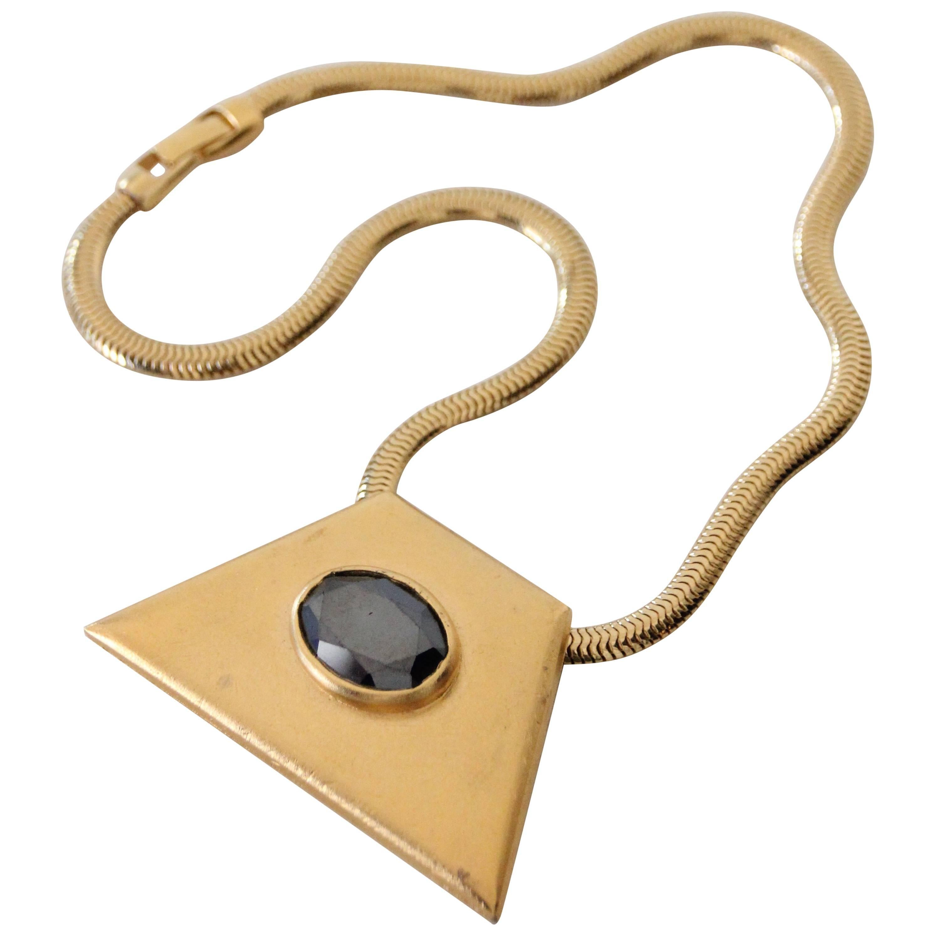 1980s YSL Egyptian-Inspired Brushed Gold-Tone Pendant w Hematite and Chain