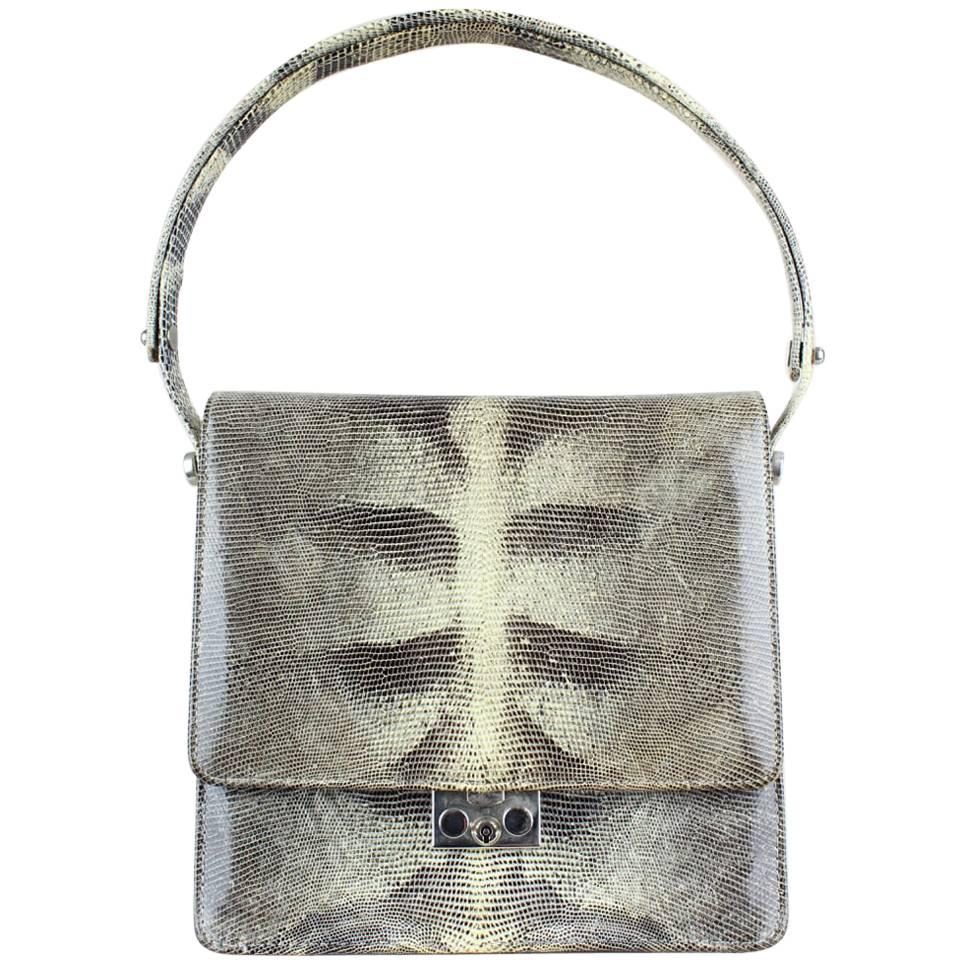 1960s Grey Cream Lizard Pattern Top Handle Handbag With Silver Hardware For Sale