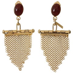 1980s U. Correani Gold-Tone Chain Mail Fringe Earrings w Carnelian Glass Stone