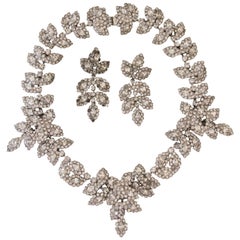 1980s Foliate Rhinestone Collar Necklace and Earrings - Classic! 