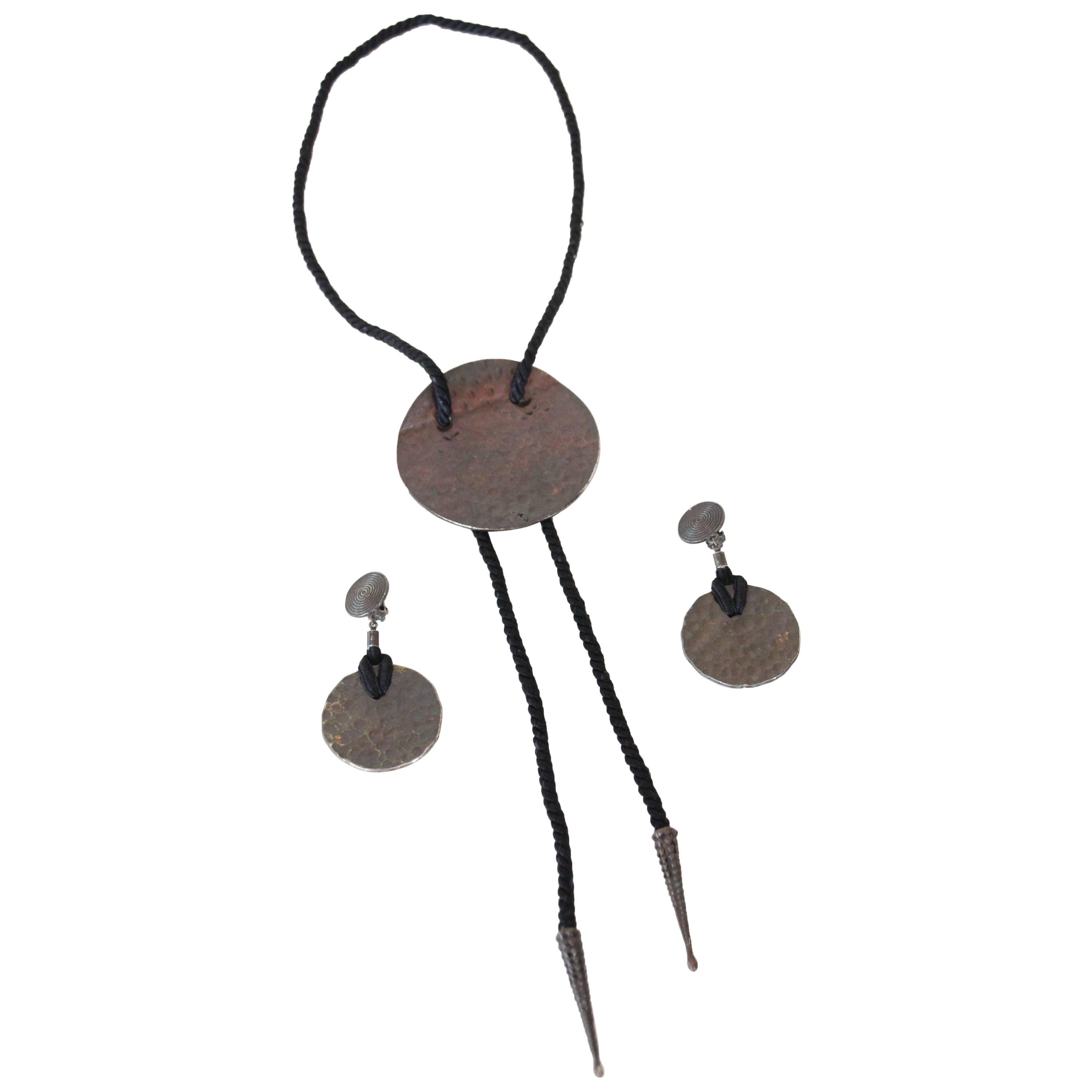 1980s Yves Saint Laurent Hammered Bronze Bolo Tie w Matching Disk Earrings