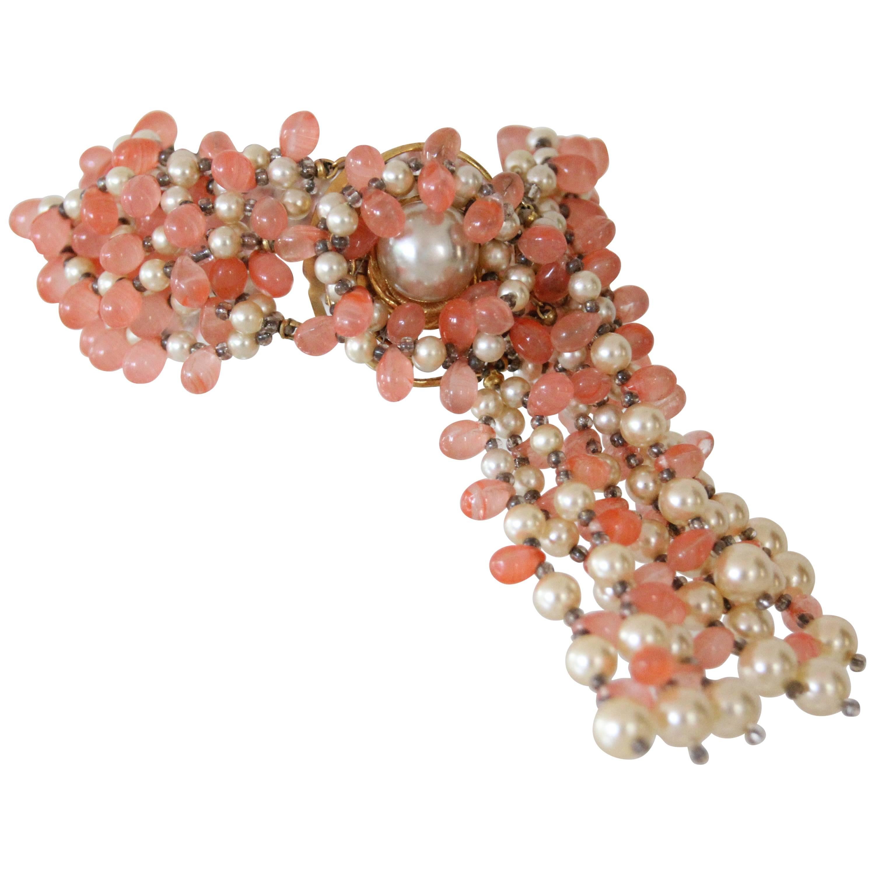 1960s Marvella "Salmon Roe" and Faux Pearl Beaded Bracelet w Fringe Clasp