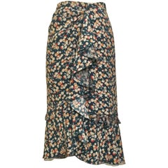 Louis Vuitton Teal Blue Cherry Apple Fruit Print Ruffle Pencil Skirt