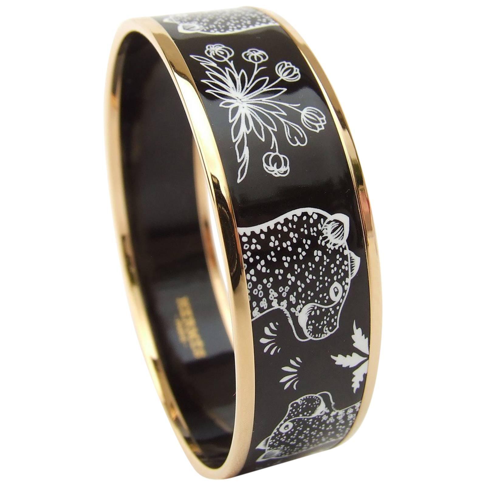 Hermes Enamel Printed Bracelet Leopards Black White Rose Gold Hdw Size 65