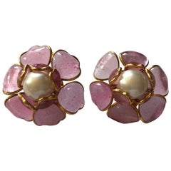 Chanel Pink Camellia Gripoix Earrings