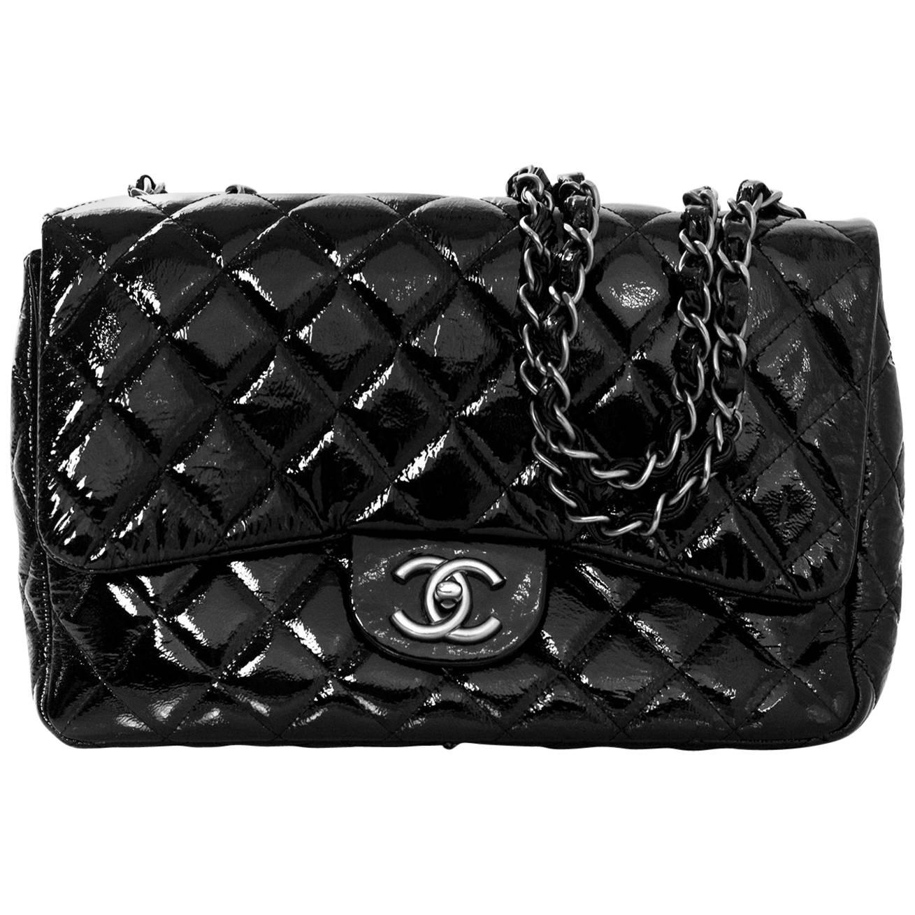 Chanel Black Patent Leather Quilted Classic Jumbo Flap Bag
