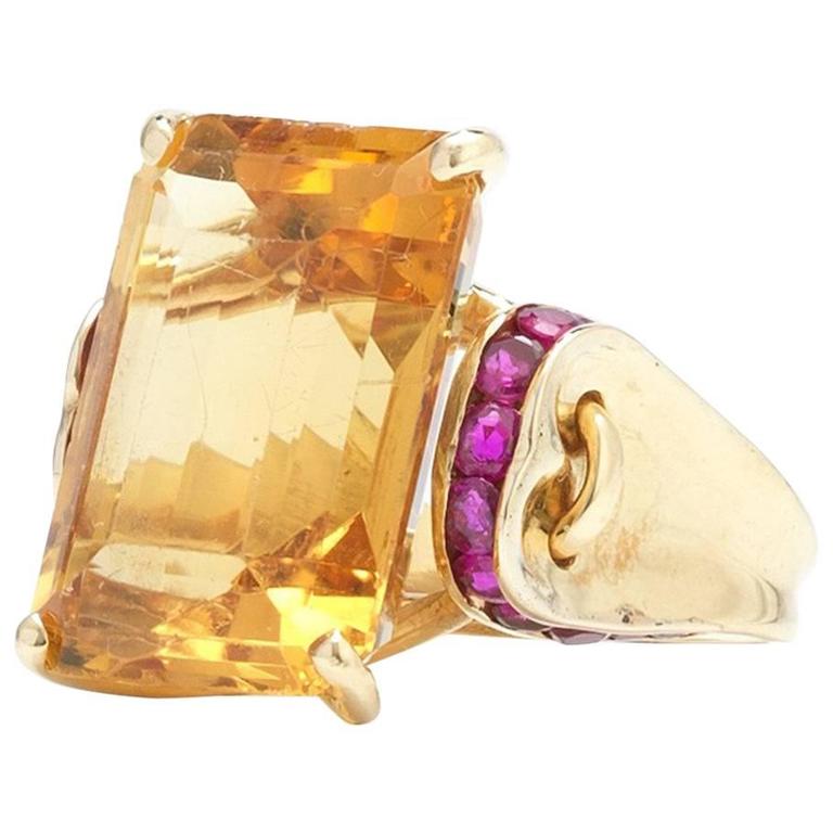 Bague rétro en or, citrine et rubis