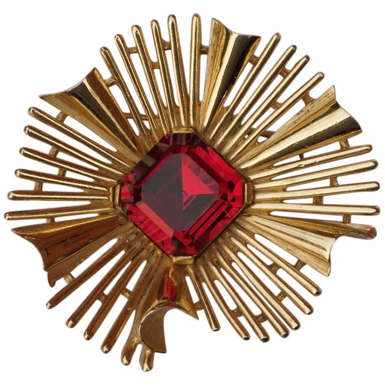 Trifari Gold Tone Red Glass Starburst Brooch