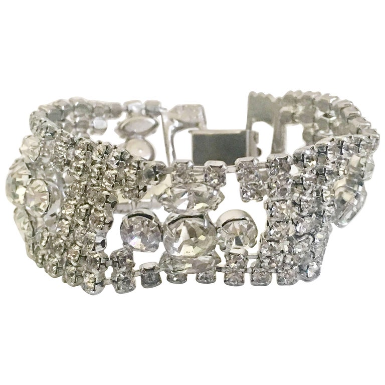 Art Deco Silver and Austrian Crystal Rhinestone Link Bracelet at