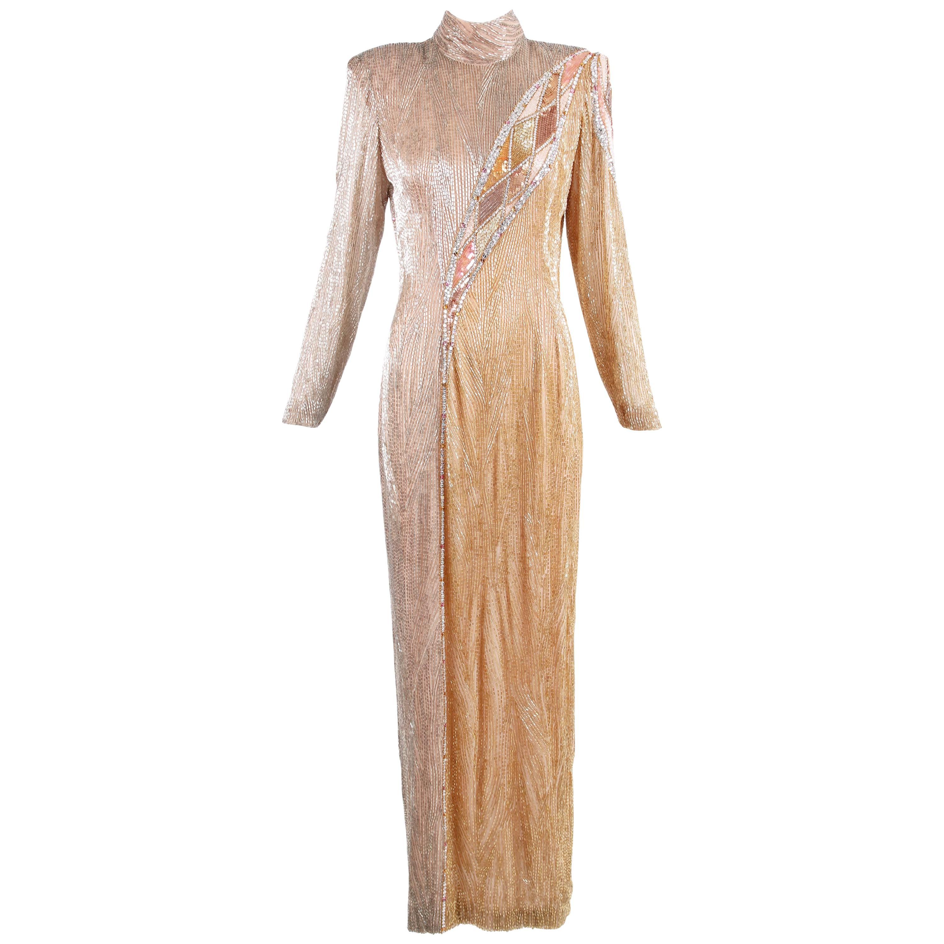 Bob Mackie Champagne Silk Gold & Silver Beaded Long Sleeved Evening Gown 