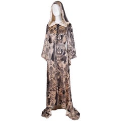Vintage Silk Renaissance Print Gown w/Dramatic Train & Hood