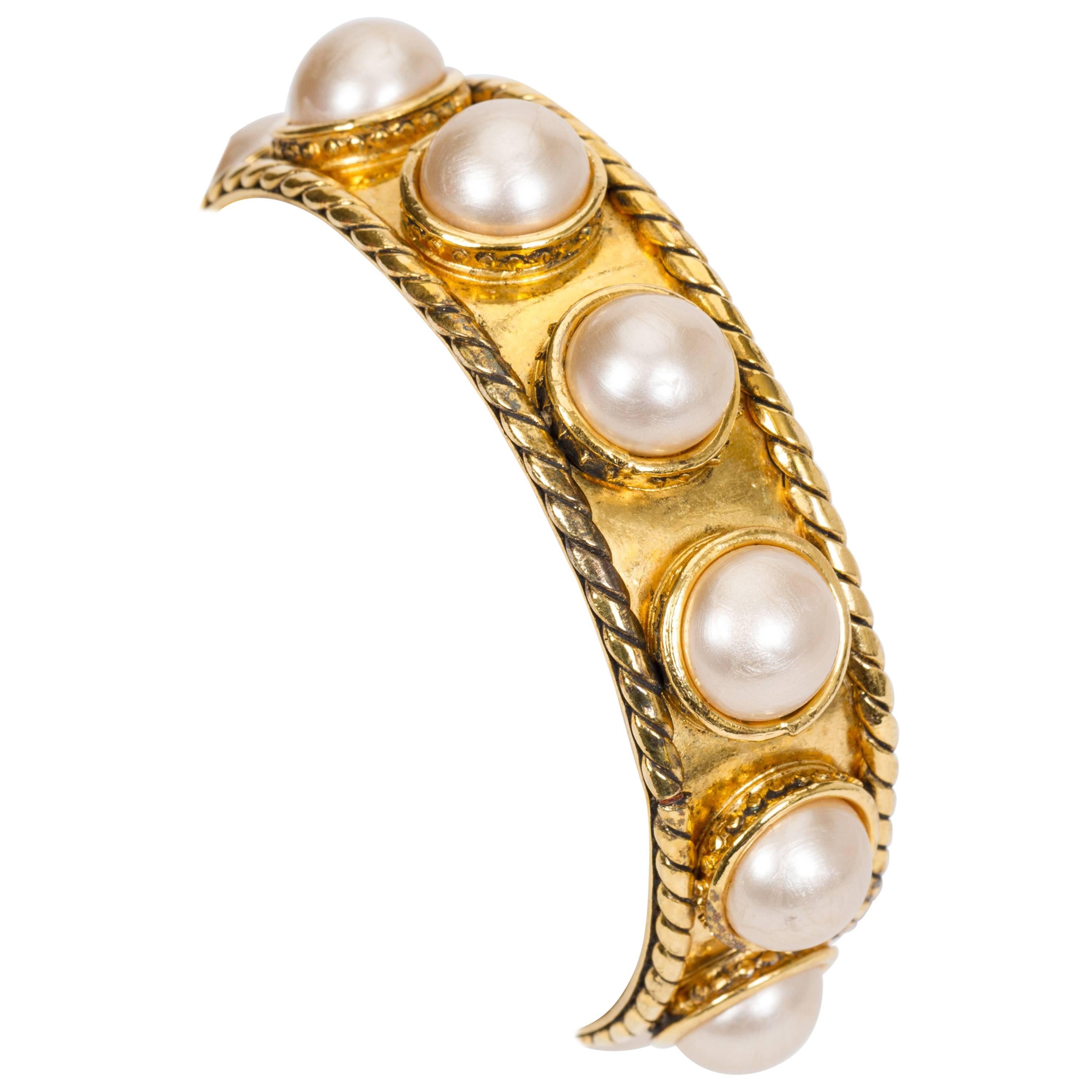 Chanel Gold Pearl Rigid Cuff Bracelet