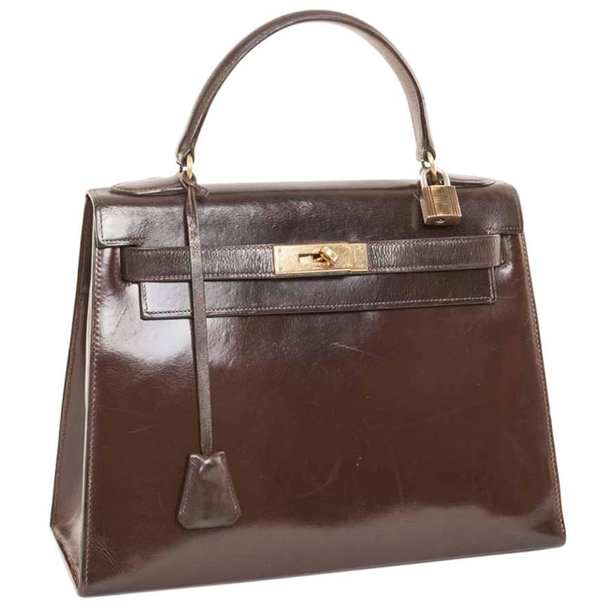 Vintage HERMES Kelly 28 Handbag in Brown Glazed Box Leather