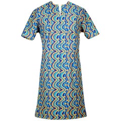 Psychedelic Patterned Short Turquoise Ochre Royal Blue Wool Blend A-Line Dress