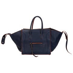 2010s Celine Navy Supple Calfskin Leather Orange Trim Medium Phantom Tote