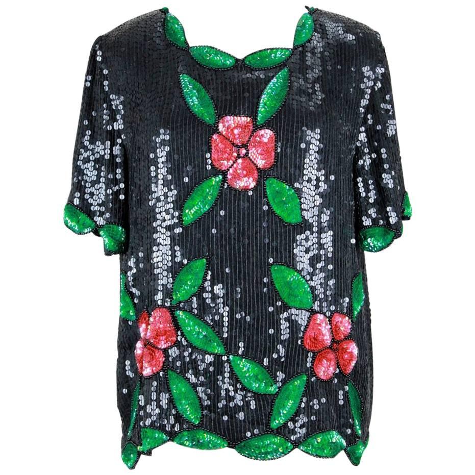 1980s Black Red Green Floral Motif All Over Sequined Top with Scalloped Hem