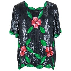 1980s Black Red Green Floral Motif All Over Sequined Top with Scalloped Hem