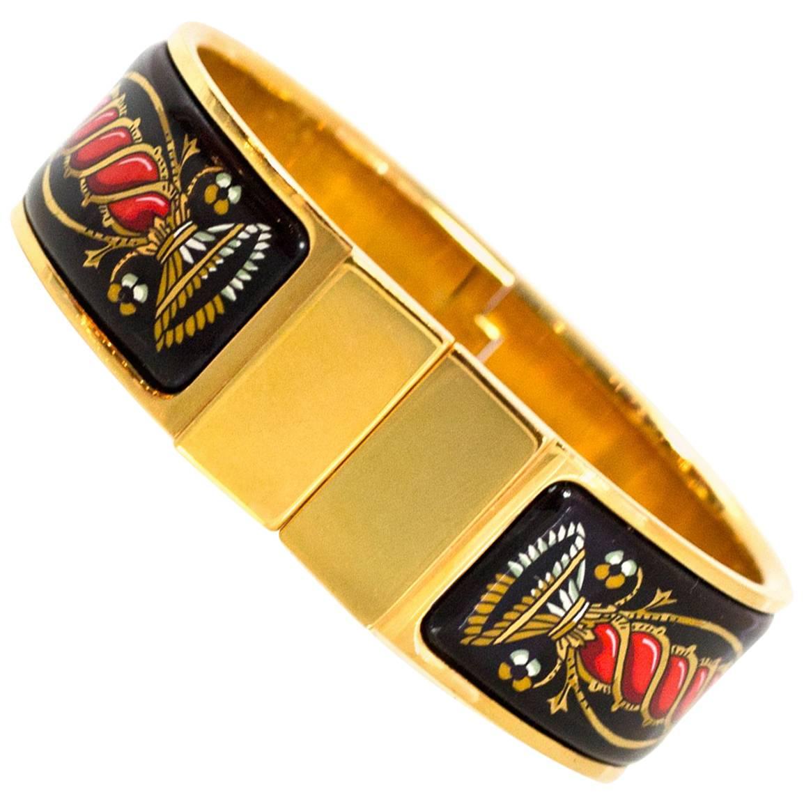 Hermes Black/Red/Gold Vintage Wide Loquet Enamel Clic Clac Bracelet