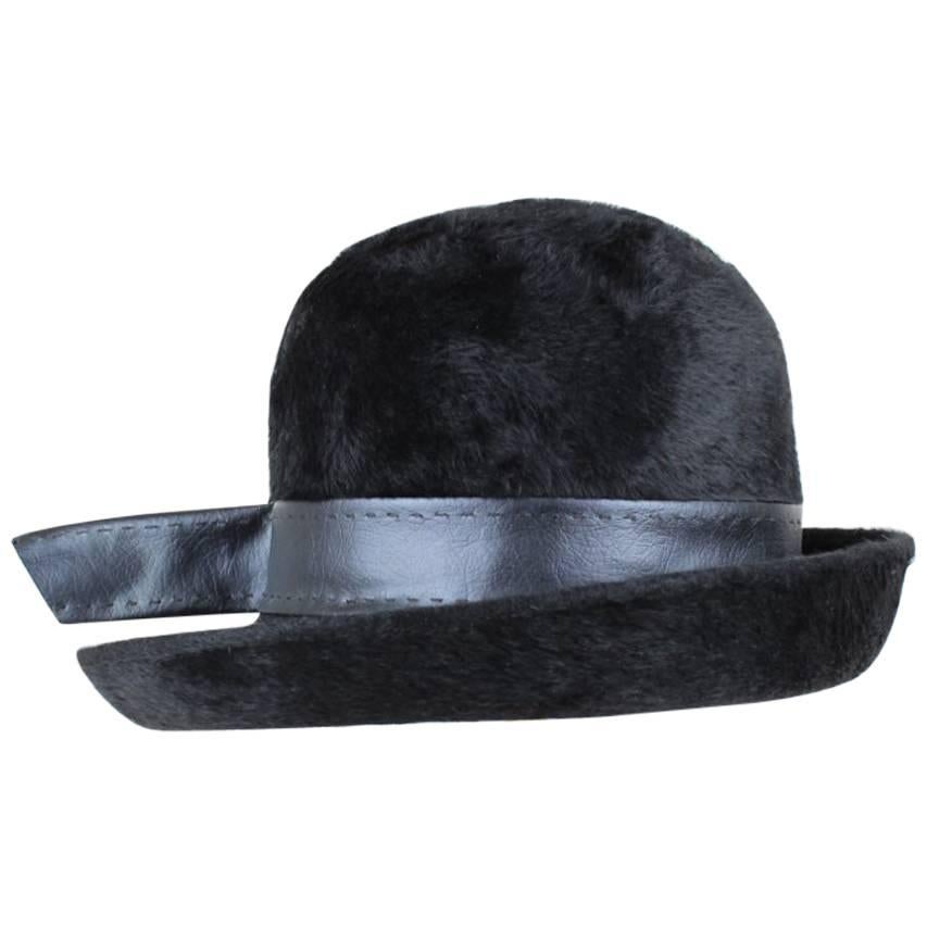 Sharon Originals 1960s Union Made Black Hare Fur Bowler Style Hat For Sale