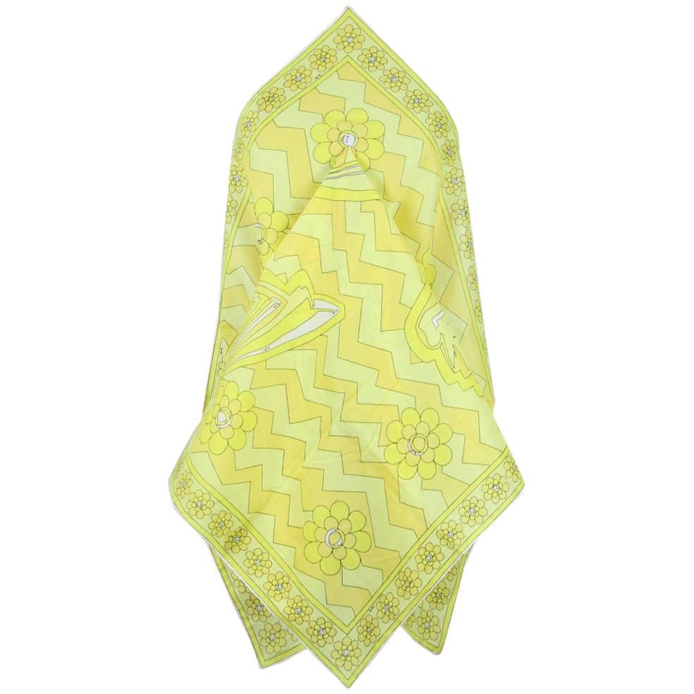1970s Emilio Pucci Large Vivid Yellow African Design Print Cotton Scarf