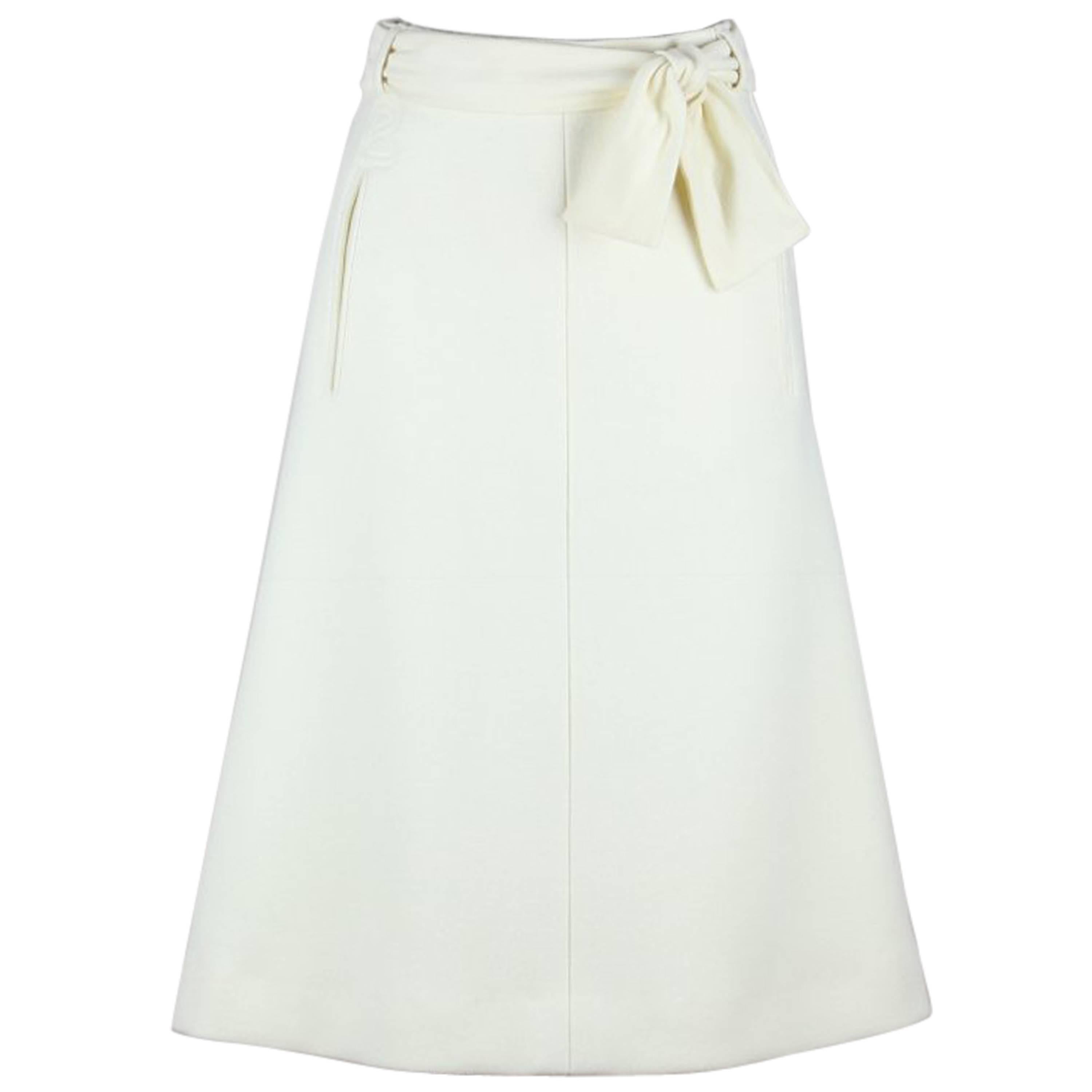 Bogner 1980s Ivory White New Wool A-Line Skirt With Logo Embroidery And Belt
