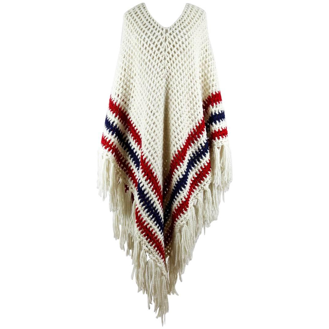 1970s Creme-White Red Blue Crochet Chevron Pattern Wool Poncho With Fringes