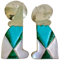 70'S Navajo Style Sterling Turquoise Malachite & MOP Earrings-Signed