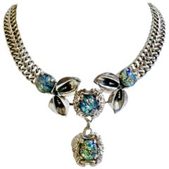 1930'S Art Noueveau Sterling Silver Art Glass Choker Necklace-Signed