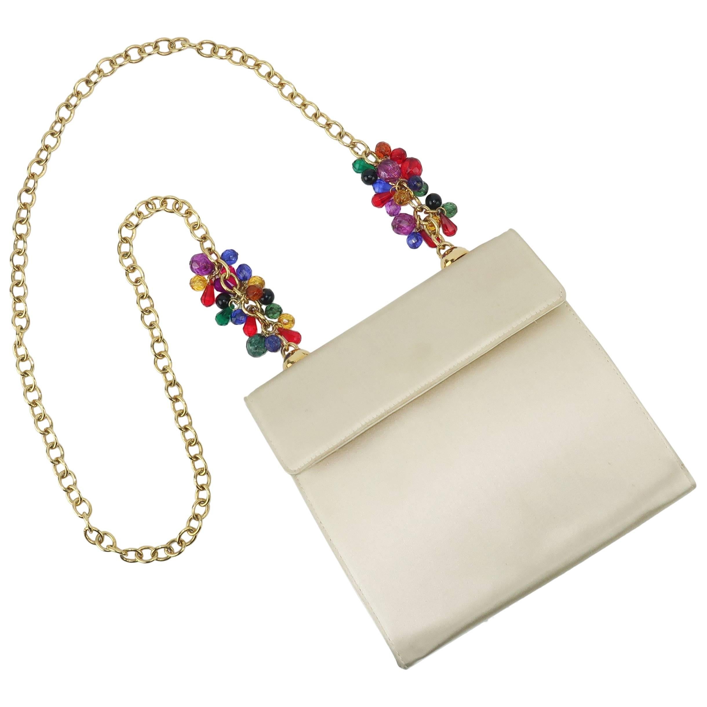 Italian 1980's Neiman Marcus Satin Handbag With Bejeweled Handle