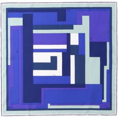 EMILIO PUCCI Blue Multicolor Signature Geometric Op Art Print Silk Scarf