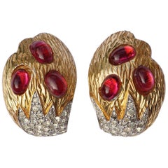 1950s Jomaz Gold Plated Red Cabochon Rhinestone Earrings