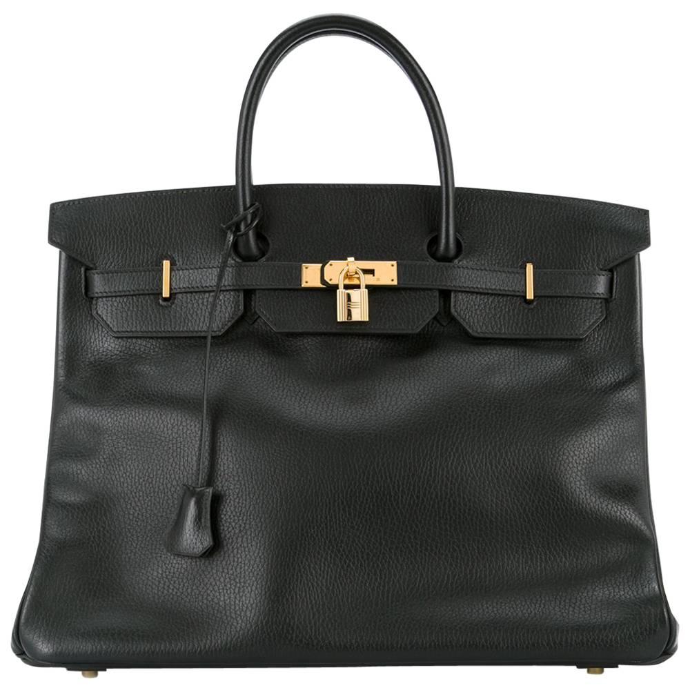 Hermes Birkin 35 Black Leather Gold Carryall Satchel Travel Travel Tote Bag 